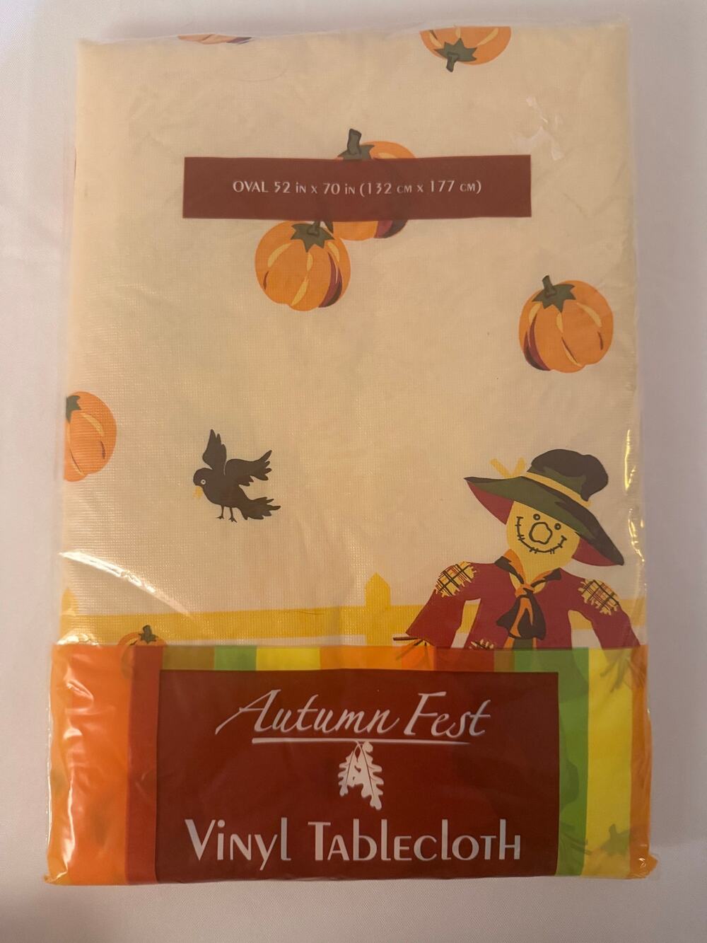 Kmart Autumn Fest Scarecrow Pumpkin Vinyl Tablecloth 52x70 Oval NIP
